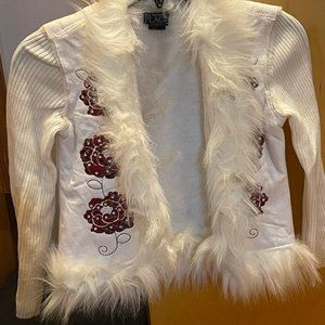 pre-ownedGirls Children's Place Sweater Coat Faux Fur Ivory Red Youth Size M 7/8